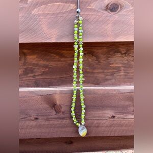 Vintage Lime Green Natural Stone Long Statement Necklace w/ Large Stone